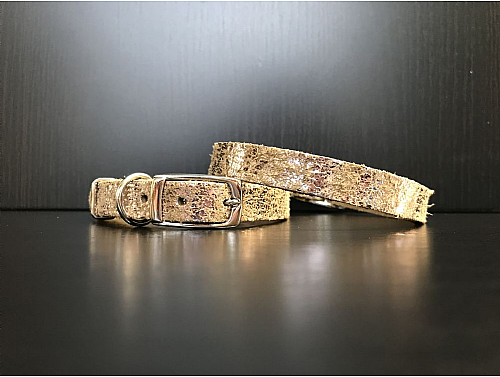Beige with Silver Glitter - Leather Dog Collar - Size S